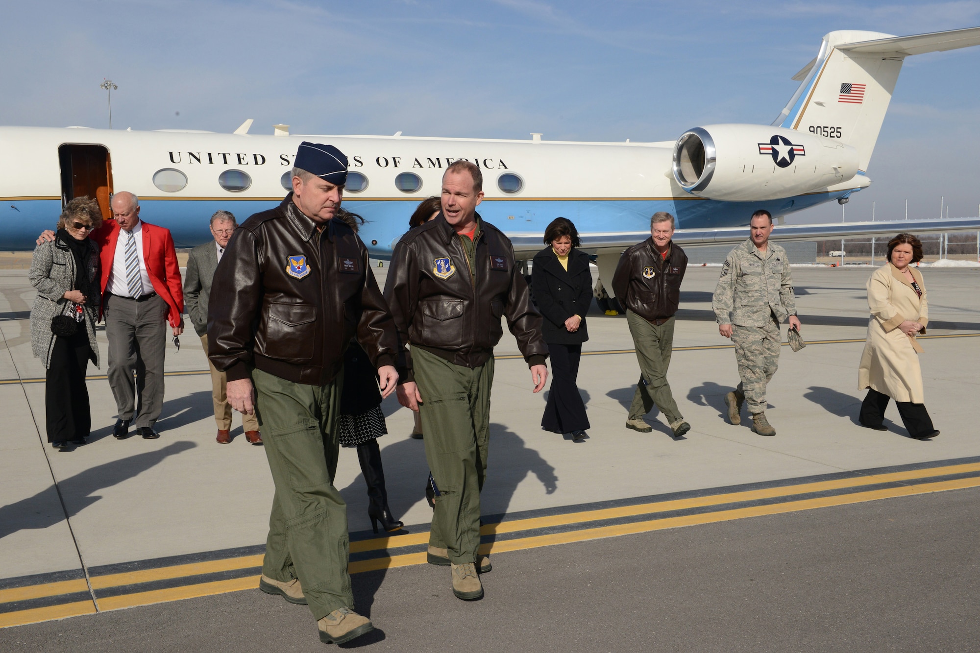 Col.  David B. Burgy, 138th Fighter Wing commander, greets Air Force Chief of Staff Gen. Mark A. Welsh III, during his visit to the 138th Fighter Wing, Tulsa Air National Guard, March 7, 2014.  Welsh and his wife, Betty, along with Chief Master Sergeant of the Air Force James A. Cody and his wife, Athena, held an Airman’s Call and luncheon during their visit.  (U.S. National Guard photo by Senior Master Sgt.  Preston L. Chasteen/Released)