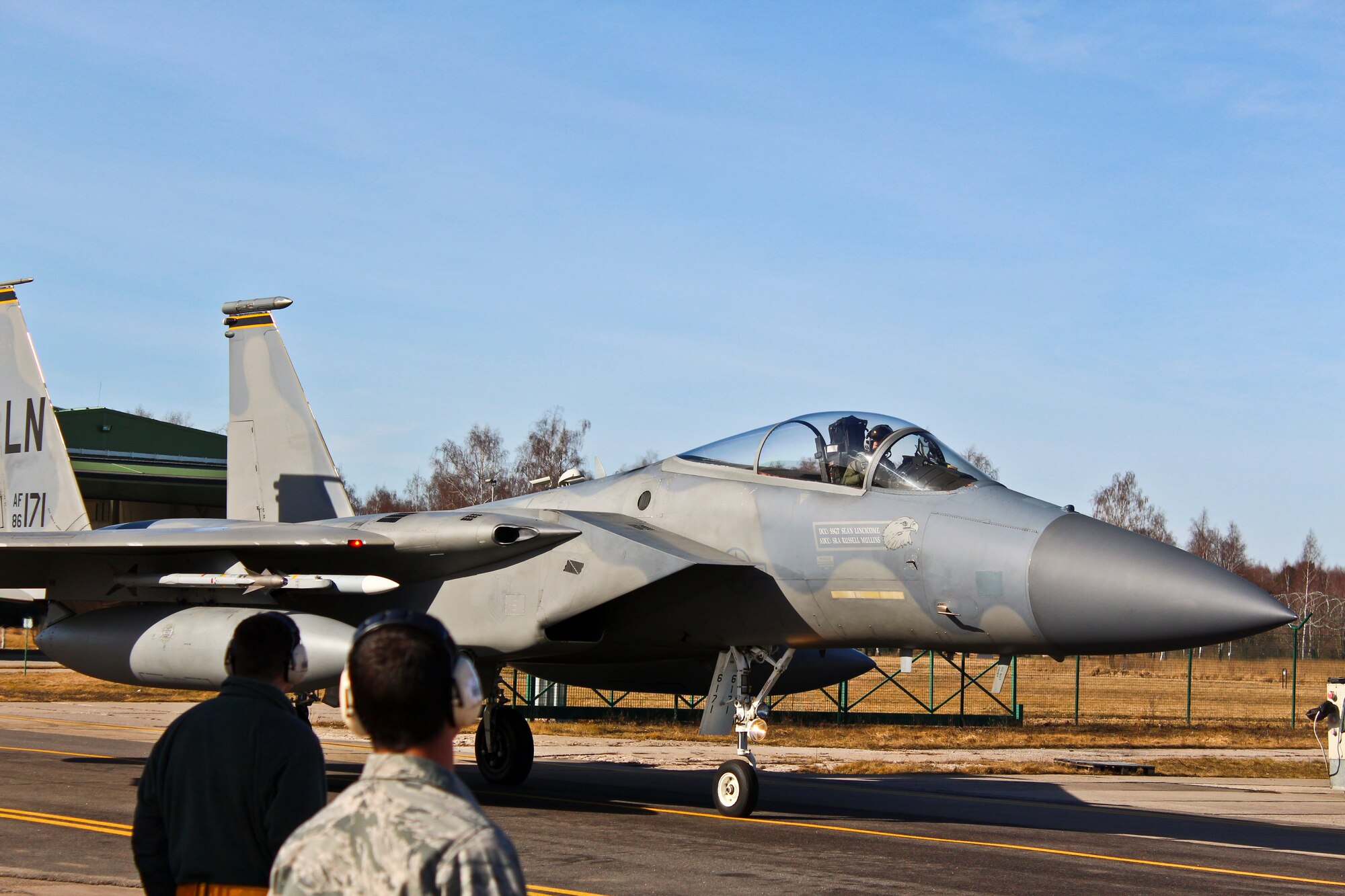 An F-15C Eagle from the 48th Air Expeditionary Group at Šiauliai Air Base, Lithuania taxis to the runway March 11, 2014. Two F-15C Eagles flew over the city of Šiauliai as part of celebrations for Lithuania’s Day of Restoration of Independence. This year’s events mark 24 years since Lithuania declared independence from the Soviet Union. (U.S. Air Force photo by 2nd Lt. Keenan Kunst)