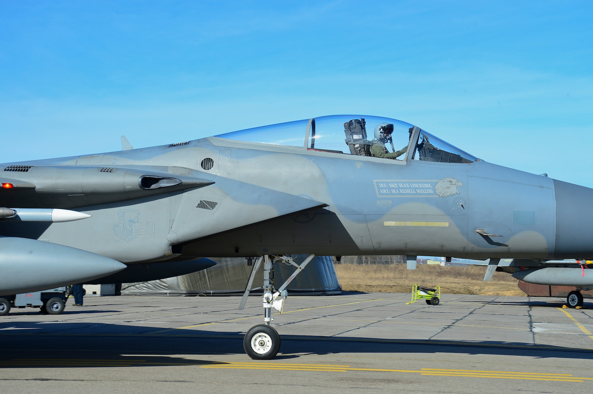 Maj. Charles Kistler, 493rd Expeditionary Fighter Squadron pilot, prepares to take off from Šiauliai Air Base, Lithuania for a fly-over event March 11, 2014. Two F-15C Eagles flew over the city of Šiauliai as part of the area’s celebrations for the Day of Restoration of Independence. This year’s events mark 24 years since Lithuania declared independence from the Soviet Union. (U.S. Air Force photo by Airman 1st Class Dana J. Butler)