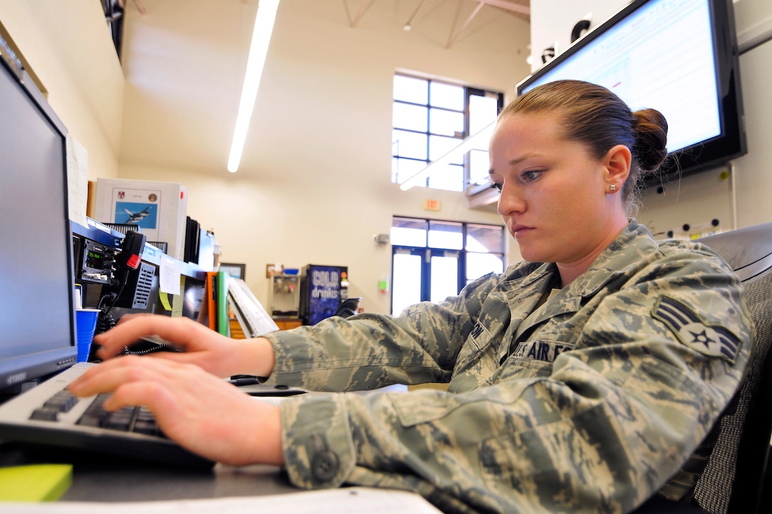 Air Force Senior Airman Shannon Peterson updates pilot training records during Operation Snowbird on Davis-Monthan Air Force Base, Ariz., March 3, 2014. Peterson, an aviation resource management specialist, is assigned to New Jersey Air National Guard's 177th Fighter Wing.