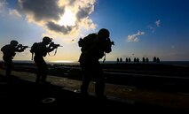 GULF OF ADEN - Marines assigned to Battalion Landing Team 1/4, 13th Marine Expeditionary Unit conduct marksmanship training aboard the USS Boxer (LHD 4), March 4, 2014. The 13th MEU is deployed with the Boxer Amphibious Ready Group as a theater reserve and crisis response force throughout the U.S. 5th Fleet area of responsibility.