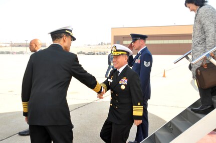 BELLEVUE, Neb. (March 12, 2014) Adm. Choi Yoon-hee, Chairman, Joint Chiefs of Staff of Republic of Korea, is greeted by Commander, U.S. Strategic Command (USSTRATCOM) Adm. Cecil D. Haney upon Choi's arrival to Offutt Air Force Base. USSTRATCOM personnel provided Choi an overview of missions, capabilities, and deterrence responsibilities through a series of discussions and office calls. (U.S. Air Force photo by Steve Cunningham/Released)
