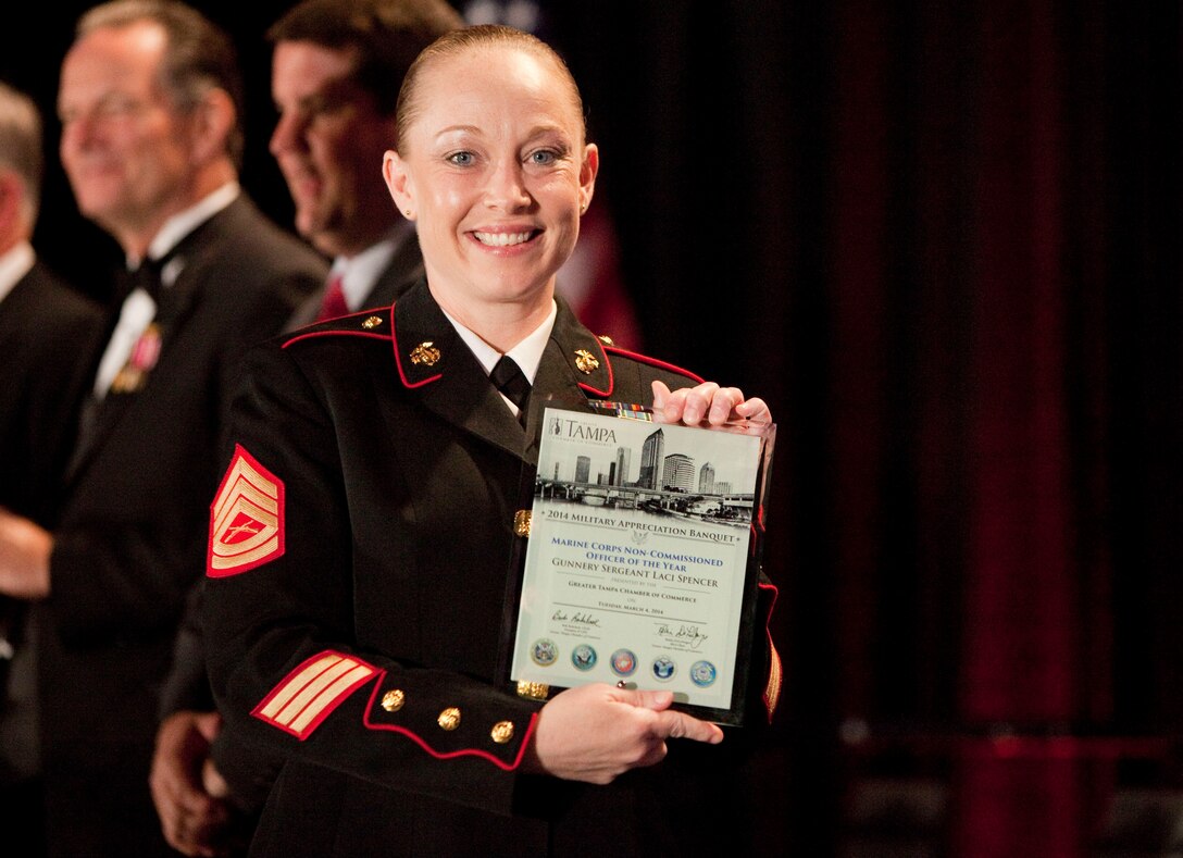 Marine Gunnery Sgt. Laci Spencer earned recognition as the U.S. Marine Corps Staff Non-Commissioned Officer of the Year during the Tampa Chamber of Commerce Military Appreciation Banquet at the Tampa Convention Center March 4. Spencer currently serves as company gunnery sergeant for Marine Forces Central Command. (USCENTCOM photo by Sgt. Fredrick J. Coleman, USMC)