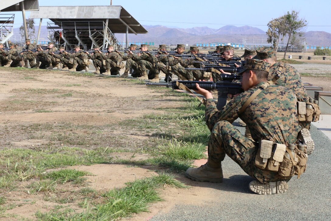 Recruits of Company H, 2nd Recruit Training Battalion, practice the kneeling position during grass week at Edson Range aboard Marine Corps Base Camp Pendleton, Calif., Feb. 19.