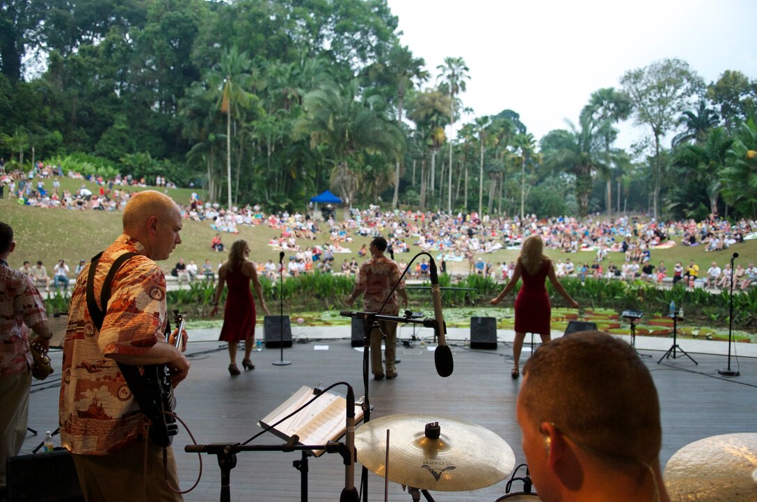 CHANGI, Singapore-- "Hana Hou!" performs at the Singapore Botanic Garden, Feb. 15, 2014. The group played 9 shows to over 100K audience members throughout their tour. The Band of the Pacific-Hawaii went to Singapore in support of the air show, the U.S. Embassy, and to improve international relations. (US Air Force Photo/ SrA Andy Detra/released)