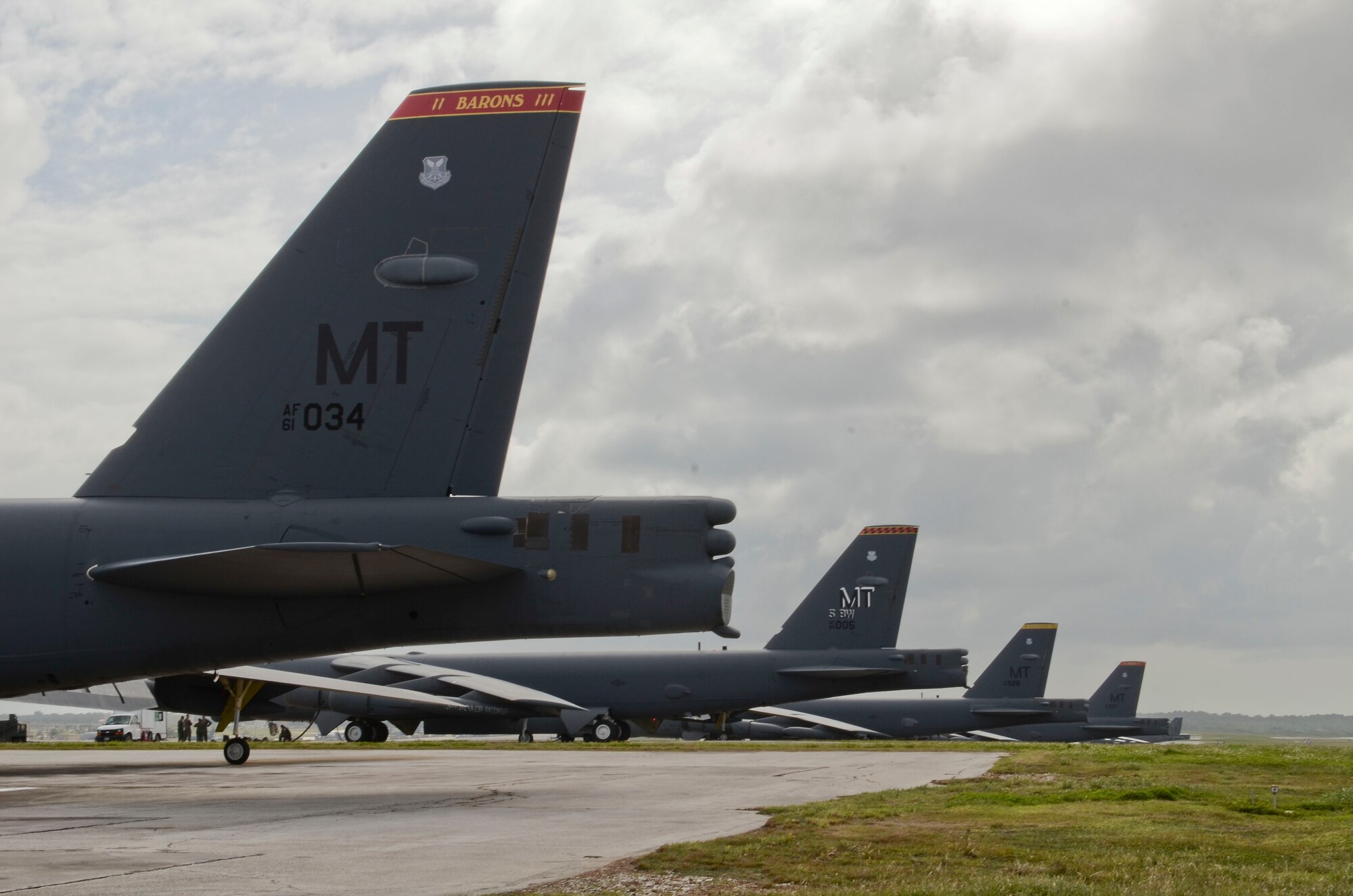 B-52H Stratofortresses from Minot Air Force Base, N.D., are parked on the flightline on Andersen Air Force Base, Guam, March 11, 2014. The Airmen with the 69th Expeditionary Bomb Squadron deployed with the B-52s as part of the continuous bomber presence mission to maintain a prudent, long-standing deterrent capability throughout the Asia-Pacific region. (U.S. Air Force photo by Airman 1st Class Emily A. Bradley/Released)