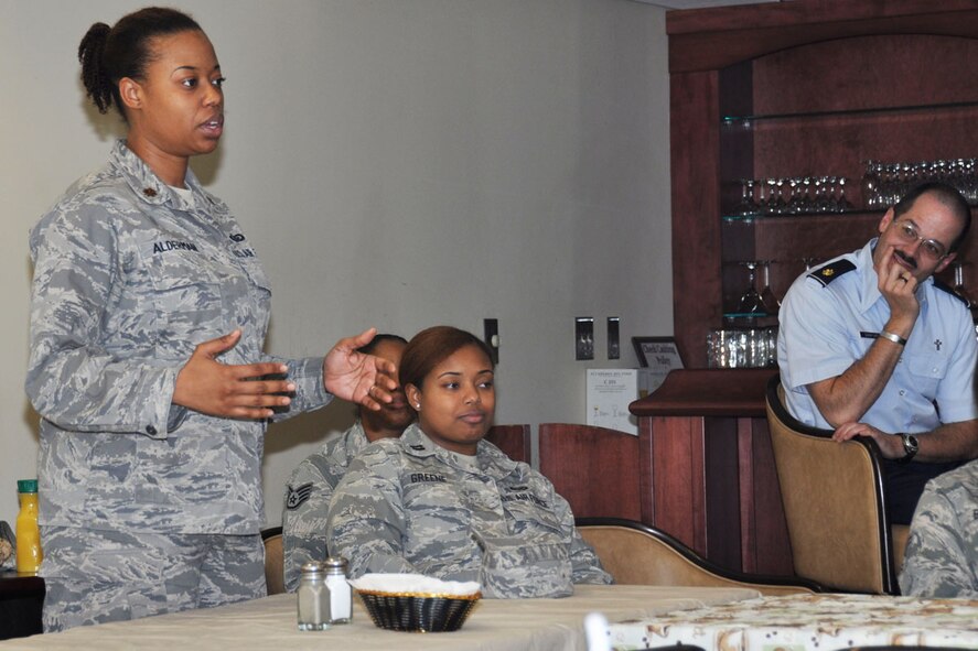 Maj. Tameka Alderman, 94th Mission Support Group executive officer, addresses a panel of female leaders during a Women’s Heritage Month Luncheon at the Dobbins Consolidated Club March 2. The Event, sponsored by the Wing Human Resource Development Council, was held to celebrate and recognize the contributions women, past and present, have made to the Department of Defense. (U.S. Air Force photo/Senior Airman Miles Wilson)