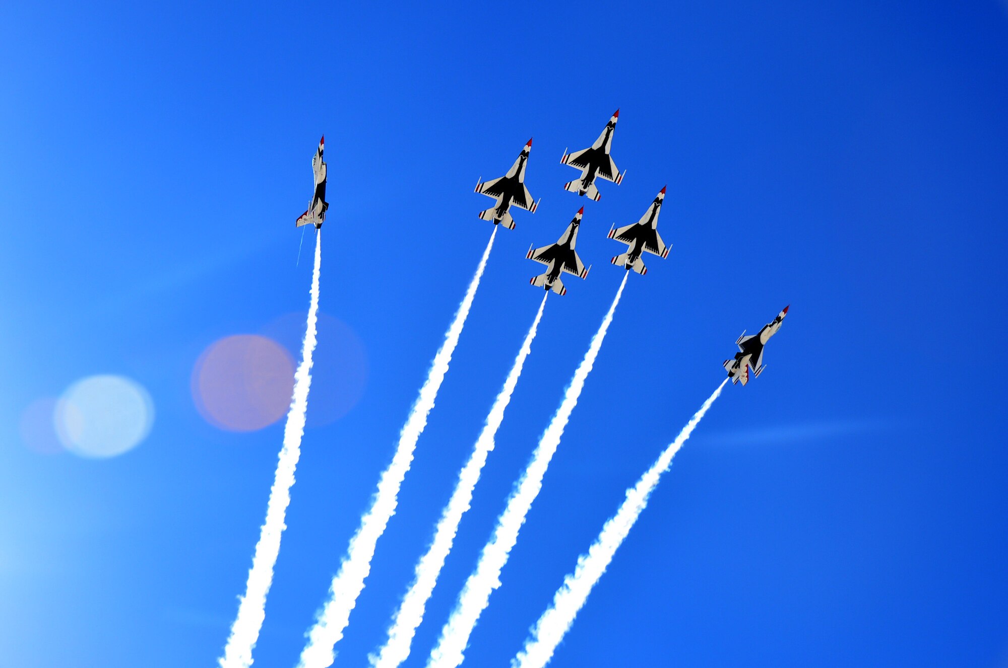 The U.S. Air Force Thunderbirds perform the four-ship Diamond Opener during Indian Springs Appreciation Day March 11, 2014, at Creech Air Force Base, Nev. This annual event is used to showcase the base and it’s Airmen to help build relationships with the Indian Springs populace. (U.S. Air Force photo by Staff Sgt. N.B./Released)