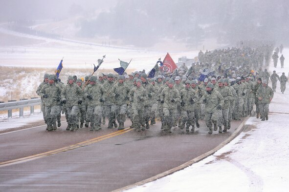 Class of 2016 cadets brave freezing temperatures and snow on their “Run to the Rock,” March 9, 2013. The run is an annual Academy tradition heralding the start of Recognition for freshman cadets. (U.S. Air Force Photo/Sarah Chambers)