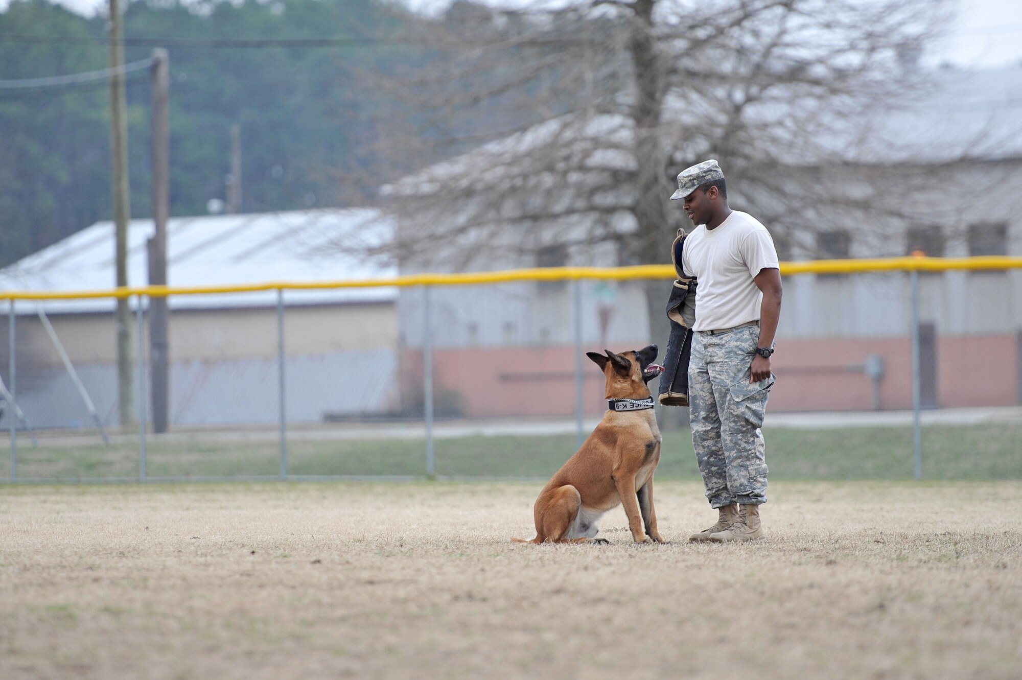 U.S. Army Sgt. Clevaun Fluellen,  3rd Military Police Detachment military working dog handler, acts as an aggressor during aggression training with MWD Uunion,  a patrol explosives detector dog, during a demonstration for Canadian Air Cadets from the 180th Mosquito Squadron at Fort Eustis, Va., March 12, 2014. In addition to the aggression demonstration, the more than 50 cadets watched obedience training, search training, and use patrol car equipment.  (U.S. Air Force photo by Staff Sgt. Katie Gar Ward/Released)