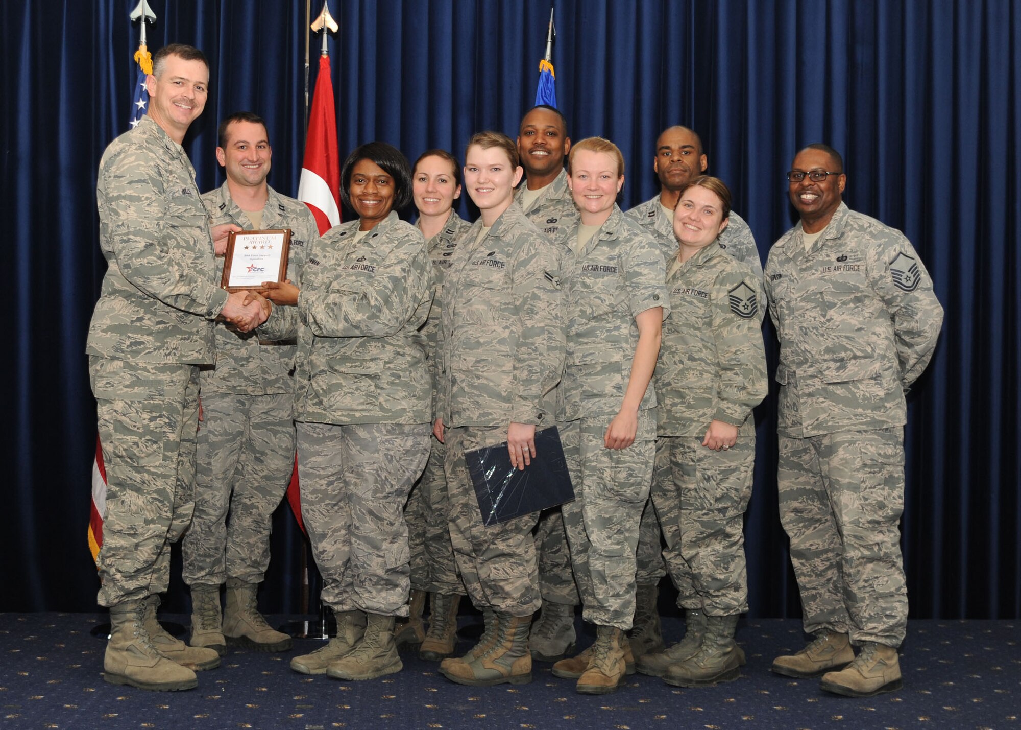 Members of the 39th Force Support Squadron receive the Platinum Award from Col. Craig Wills, 39th Air Base Wing commander, during the Combined Federal Campaign-Overseas award presentation March 12, 2014, Incirlik Air Base, Turkey. A total of nine units received awards for their contributions to the 2013 CFC-O.  The 39th ABW raised more than $109,613, contributing to the overall 2013 CFC total of $21 million for more than 4,000 different charities. (U.S. Air Force photo by Staff Sgt. Veronica Pierce)