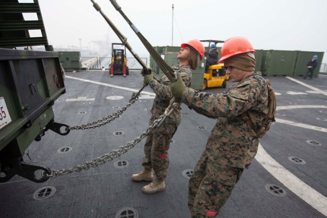 Lance Cpl. Mayte P. Rincom, front, and Lance Cpl. Mitchell R. Adams offload equipment from the USNS Sacagawea, a maritime prepositioning force ship, at Gwangyang port, Jeollanam-do, Republic of Korea Feb. 26 during Exercise Freedom Banner 2014. During the exercise, the Marines offloaded more than 270 containers of equipment, food and ammunition which will be used to support the exercise. Rincom is a landing support specialist with Combat Logistics Regiment 35, 3rd Marine Logistics Group, III Marine Expeditionary Force. Adams is a heavy equipment operator with CLR-35. Freedom Banner projects U.S. military power and exercises maritime prepositioning force ship offloading capabilities similar to what would occur during a wartime or disaster relief scenario. Furthermore, it provides an opportunity for Marines to strengthen relationships between the Republic of Korea and U.S.


