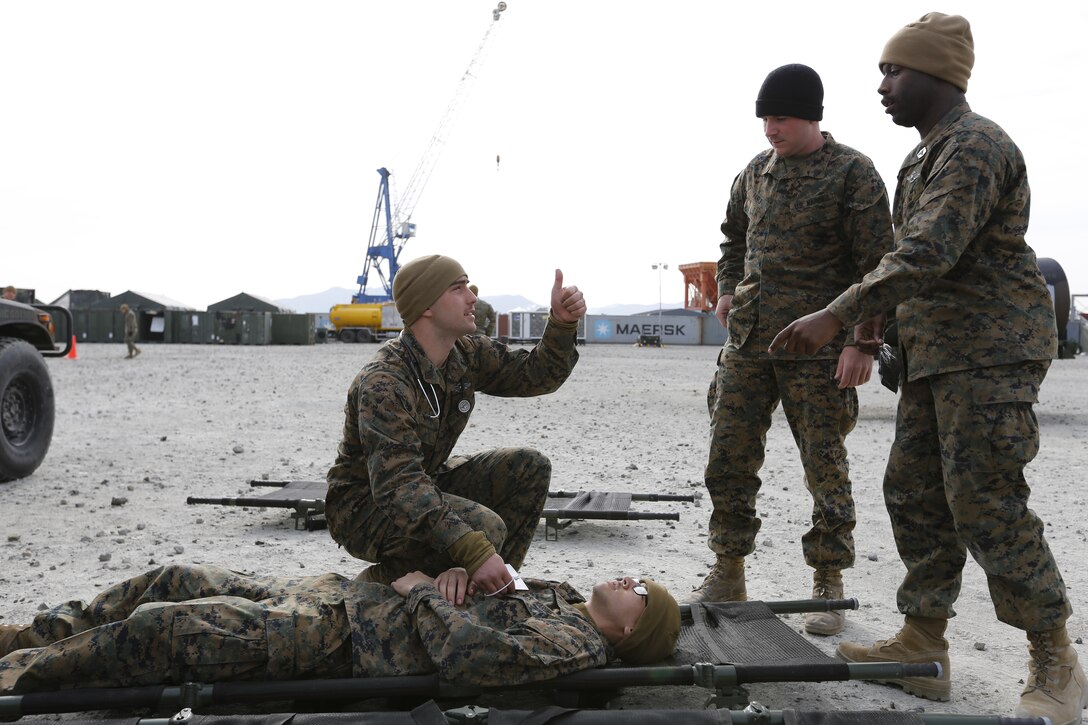 U.S. Navy Corpsmen of MEDLOG (currently attached to CLR-35 for Operation Freedom Banner) conduct a Causality Evacuation training scenario in Gwangyang, South Korea, March 06, 2014. U.S. Marines from CLR-35 Supply Battalion assisted in the training exercise by playing "victims" with various injuries. 