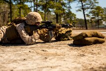 A Marine with Bridge Company, 8th Engineer Support Battalion, 2nd Marine Logistics Group fires an M-16A4 service rifle during the zeroing portion of the combat marksmanship program aboard Camp Lejeune, N.C., March 10, 2014. Marines with the company fired more than 7,000 rounds during day and night shoots.  (U.S. Marine Corps photo by Lance Cpl. Shawn Valosin)