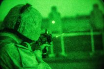A Marine with Bridge Company, 8th Engineer Support Battalion, 2nd Marine Logistics Group fires his M-16A4 service rifle during the low-light portion of the combat marksmanship program aboard Camp Lejeune, N.C., March 10, 2014. Marines used night vision goggles and infrared lasers to engage targets. (U.S. Marine Corps photo by Lance Cpl. Shawn Valosin)