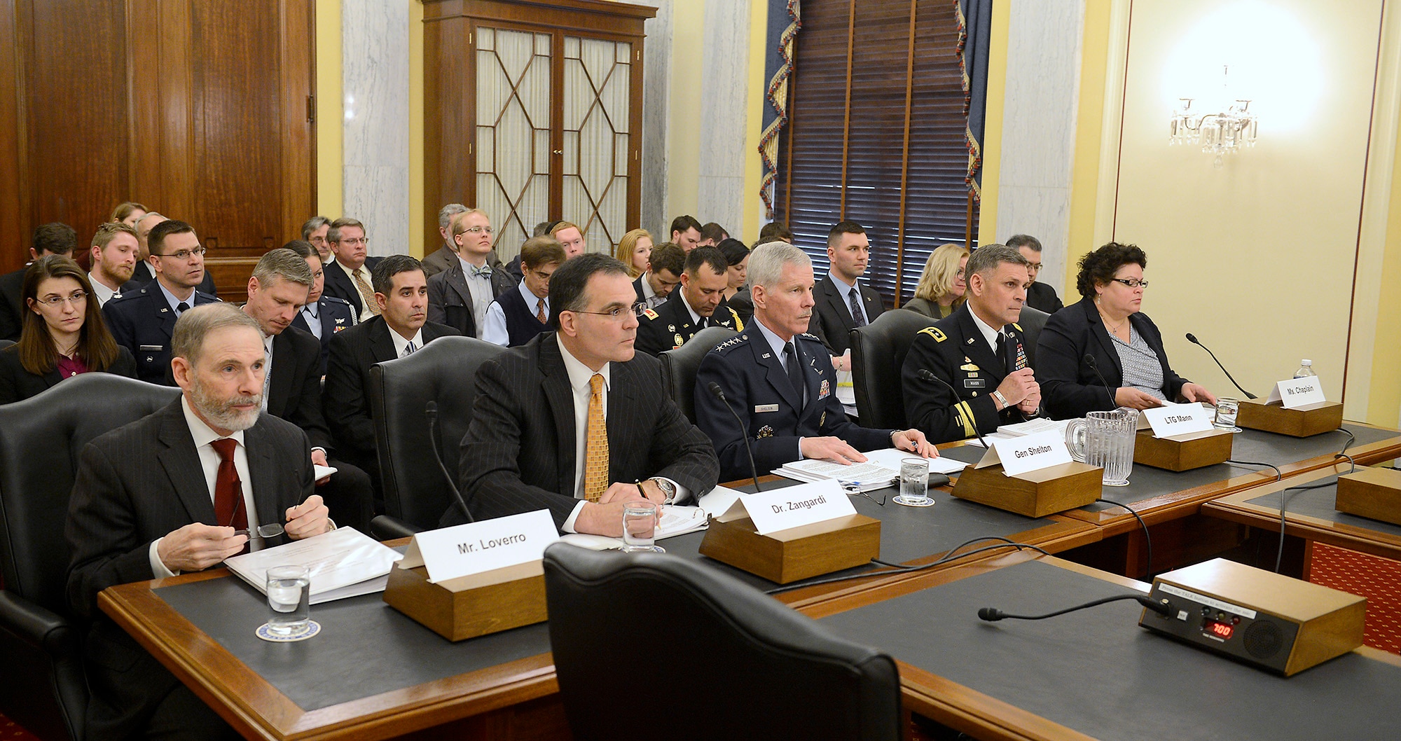 General William L. Shelton (center) testifies before the U.S. Senate Committee on Armed Services’ Subcommittee on Strategic Forces March 12, 2014, in Washington, D.C.  Shelton testified on military space programs in review of the defense authorization request for fiscal.  Shelton is the commander of Air Force Space Command. (U.S. Air Force photo/Scott M. Ash)