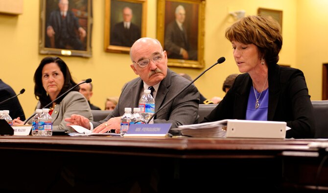 Kathleen Ferguson testifies in front of the House Appropriations Committee to present the fiscal 15 budget for military construction, military family housing, and base realignment and closure requests, March 12, 2014, in Washington, D.C. Ferguson is the principle deputy assistant secretary performing duties as assistant secretary of the Air Force of installations, environment and logistics. (U.S. Air Force photo/Staff Sgt. Carlin Leslie)