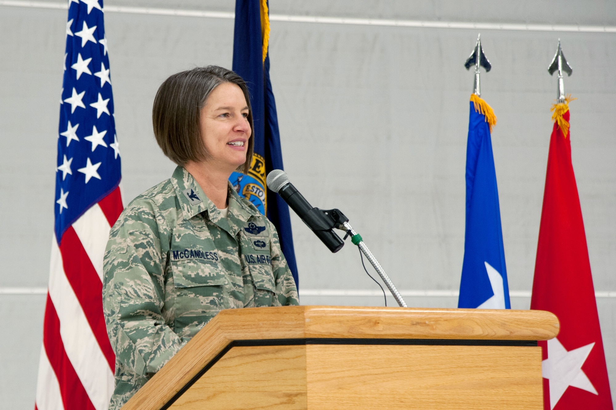 Col. Sherrie L. McCandless addressed Airmen of the 124th Fighter Wing, Idaho Air National Guard, at the ceremony where she assumed command from Col. Christopher D. Rood at Gowen Field, Boise, Idaho March 2, 2014. Col. McCandless previously served at the National Guard Bureau. (Air National Guard photo/Master Sgt. Becky Vanshur)
