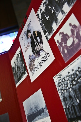 Displays were set up throughout the chapel for the Vivian A. Holmes Female Marine Symposium to show the history of the female Marine, Feb. 25. (U.S. Marine Corps photo by Cpl. Mary M. Carmona/Released.)