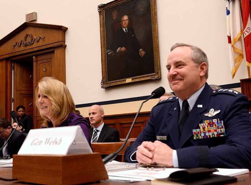 Secretary of the Air Force Deborah Lee James (left) and Air Force Chief of Staff Gen. Mark A. Welsh III answer questions on the Air Force's fiscal 2015 budget request before the House Armed Services Committee March 14, 2014, in Washington, D.C. (U.S. Air Force photo/Scott M. Ash)