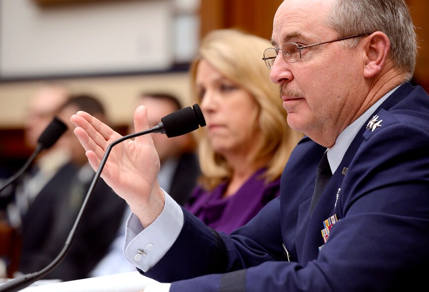 Air Force Chief of Staff Gen. Mark A. Welsh III testify with Secretary of the Air Force Deborah Lee James on the Air Force's fiscal 2015 budget request before the House Armed Services Committee March 14, 2014, in Washington, D.C. (U.S. Air Force photo/Scott M. Ash)