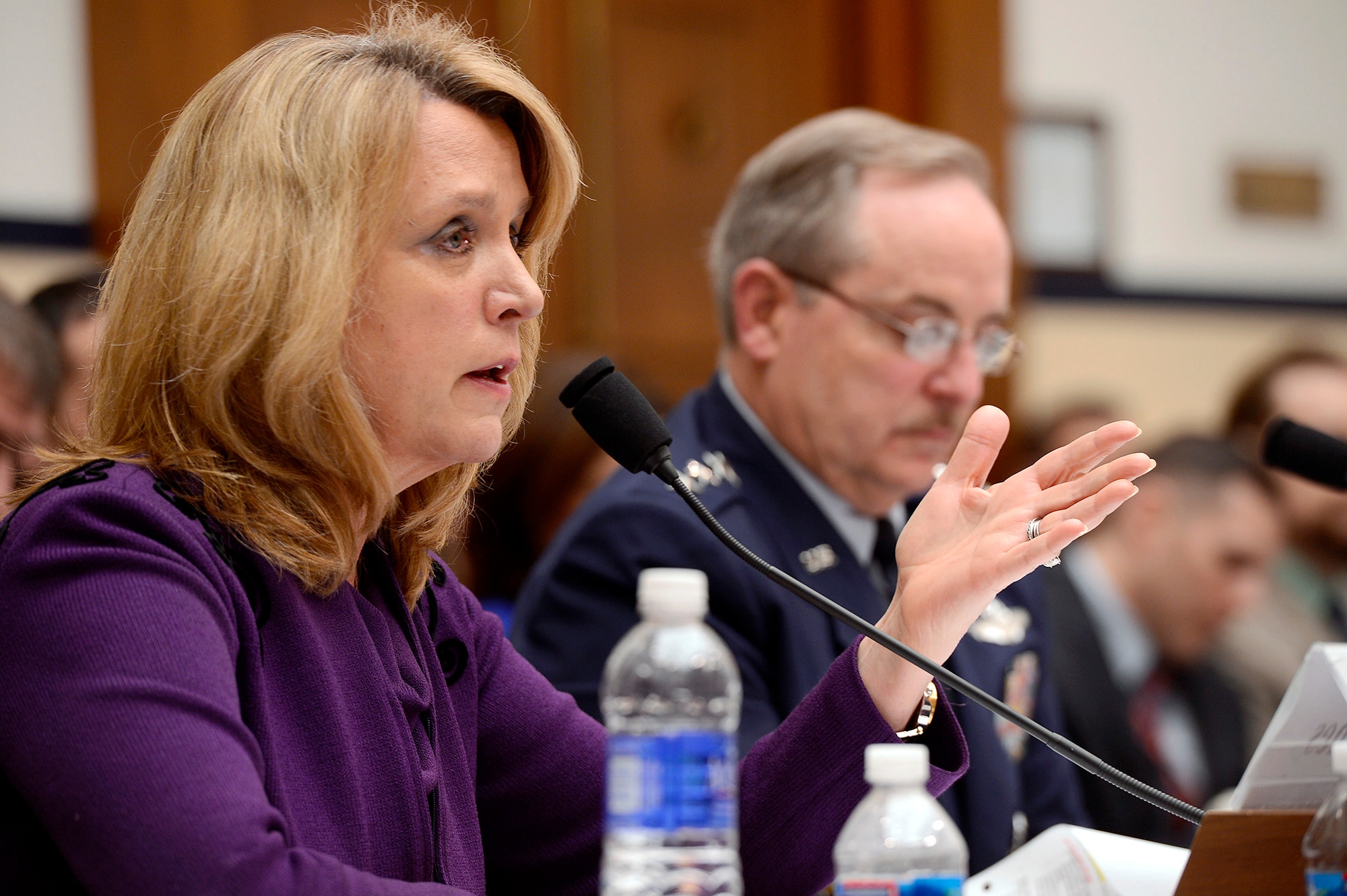 Secretary of the Air Force Deborah Lee James and Air Force Chief of Staff Gen. Mark A. Welsh III answer questions on the Air Force's fiscal year 2015 budget request before the House Armed Services Committee in Washington, D.C., March 14, 2014.  (U.S. Air Force photo/Scott M. Ash)