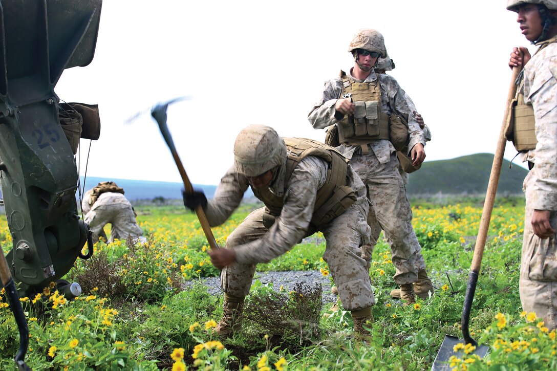 Field artillerymen with Bravo Battery, 1st Battalion, 12th Marine Regiment, create stable ground for the M777 155 mm Howitzer system by using shovels and pickaxes to dig holes for spades, March 7, 2014. (U.S. Marine Corps photo by Cpl. Nathan Knapke)