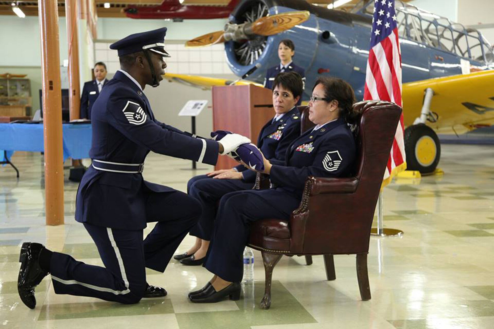 TRAVIS AIR FORCE BASE, Calif. -- Culminating 33 years of uniformed service, Master Sgt. Bridgette J. Dobson, 349th Force Support Squadron, retired from the Air Force Reserve in a ceremony at the Travis Air Force Base Heritage Center, March 8, 2014. (U.S. Air Force photo / Lt. Col. Robert Couse-Baker) 

