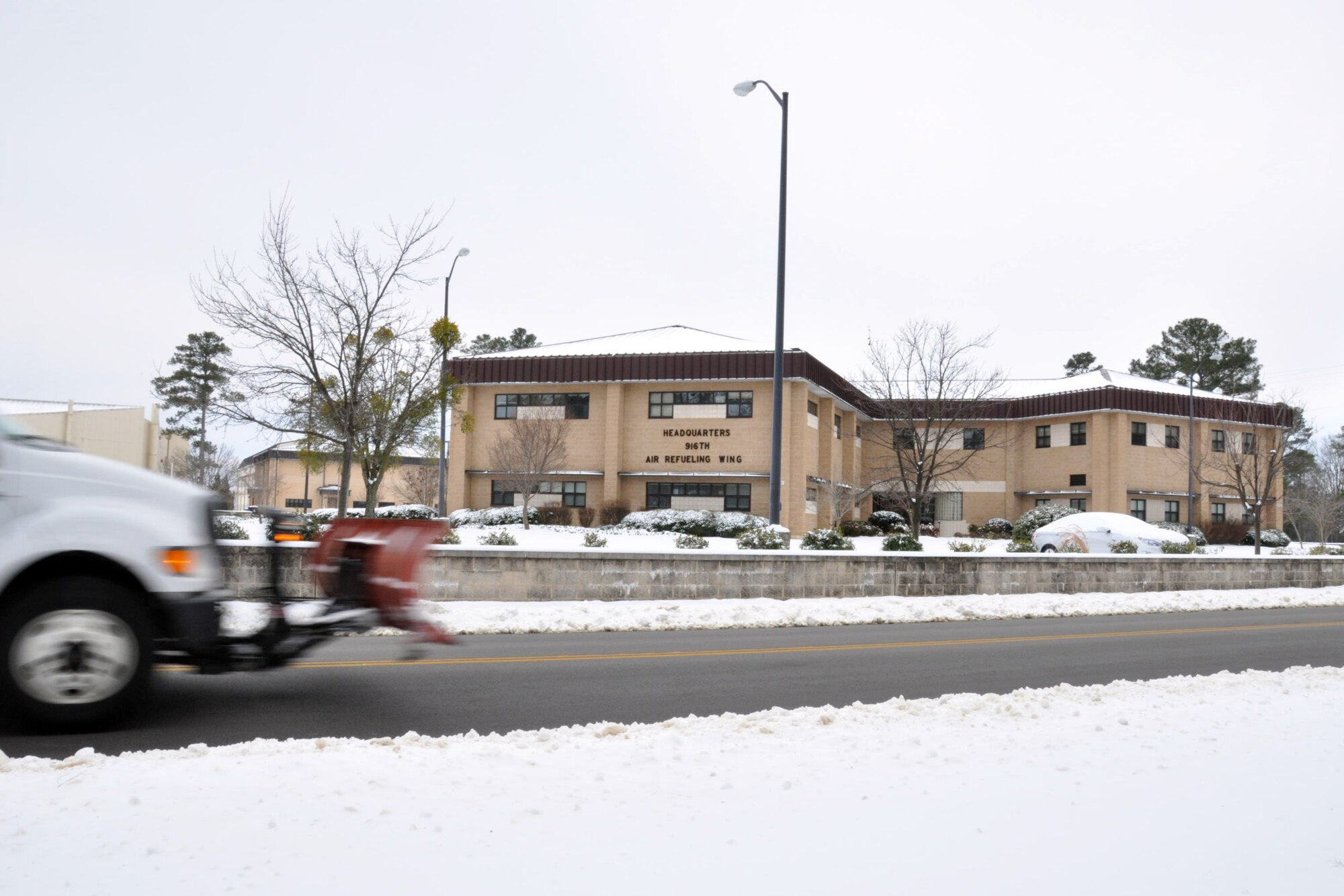 It's an empty house at the 916th Air Refueling Wing headquarters building on a snowy January day. Base personnel were directed not to report to work several days this winter as icy storms created hazardous driving conditions in the local area. (U.S. Air Force photo by Staff Sgt. Alan Abernethy, 916th ARW/PA) 
