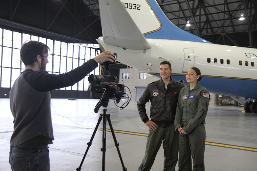 73rd Airlift Squadron pilot Maj. Terry Hall and flight attendant Senior Airman Christina Hall were interviewed by Air Force Reserve Command recruiting service during the March unit training assembly.  The siblings talked about how Christina made the decision to follow in her brother's footsteps and serve in the the Air Force Reserve.  "I've always looked up to my brother." (U.S. Air Force Photo/ Tech. Sgt. Christopher Parr)