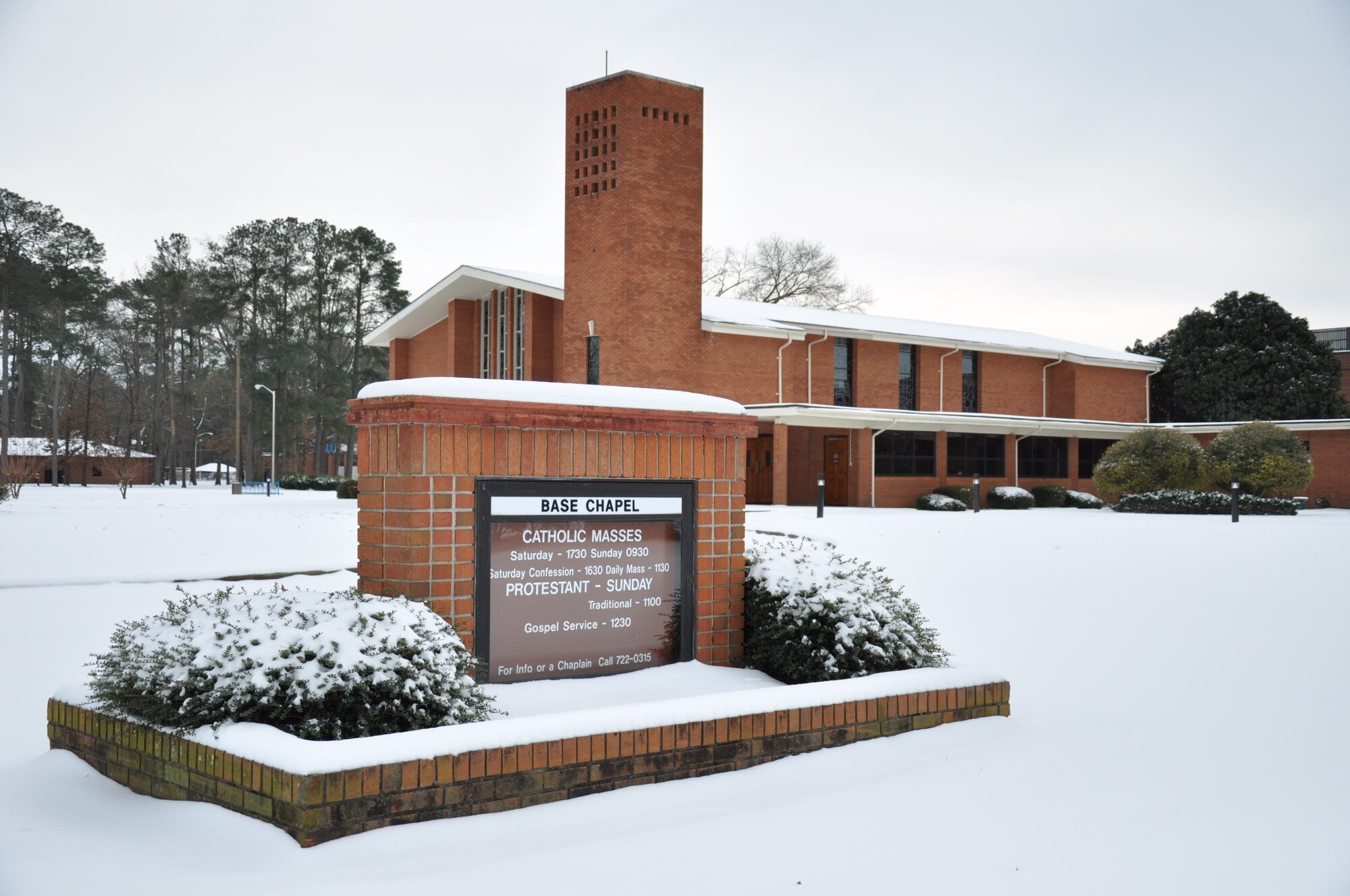 All is quiet at the Seymour Johnson Air Force Base Chapel on a snowy January day. Base personnel were directed not to report to work several days this winter as icy storms created hazardous driving conditions in the local area.  (U.S. Air Force photo by Staff Sgt. Alan Abernethy, 916th ARW/PA) 
