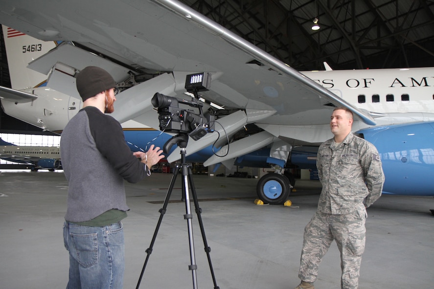 932nd Airlift Wing Maintenance Squadron electronic warfare systems technician Staff Sgt. Phillip Henschen was interviewed by Air Force Reserve Command recruiting service during the March unit training assembly. The 932nd Airlift Wing, an Air Force Reserve flying unit is located at Scott Air Force Base, Il. The 932nd AW is an Air Force Reserve unit that flies the C-40C.(U.S. Air Force Photo/ Tech. Sgt. Christopher Parr)