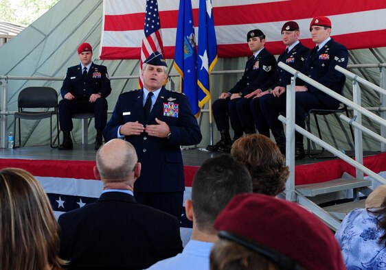 Lt. Gen. Eric Fiel, Air Force Special Operations Command commander, speaks to the families of medal recipients in a ceremony at the 23rd Special Tactics Squadron, Hurlburt Field, Fla. Mar 14, 2014. Fiel thanked the families for the support they have given to members during their many deployments. (U.S. Air Force photo/Staff Sgt. Victoria Sneed)