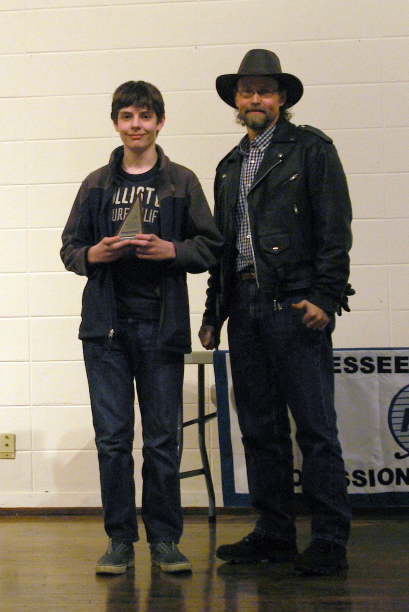 Cameron Haley (left) from East Middle School in Tullahoma won the individual third place prize in the MathCounts competition. He is shown here with his coach Trent Stout. (Photo provided)