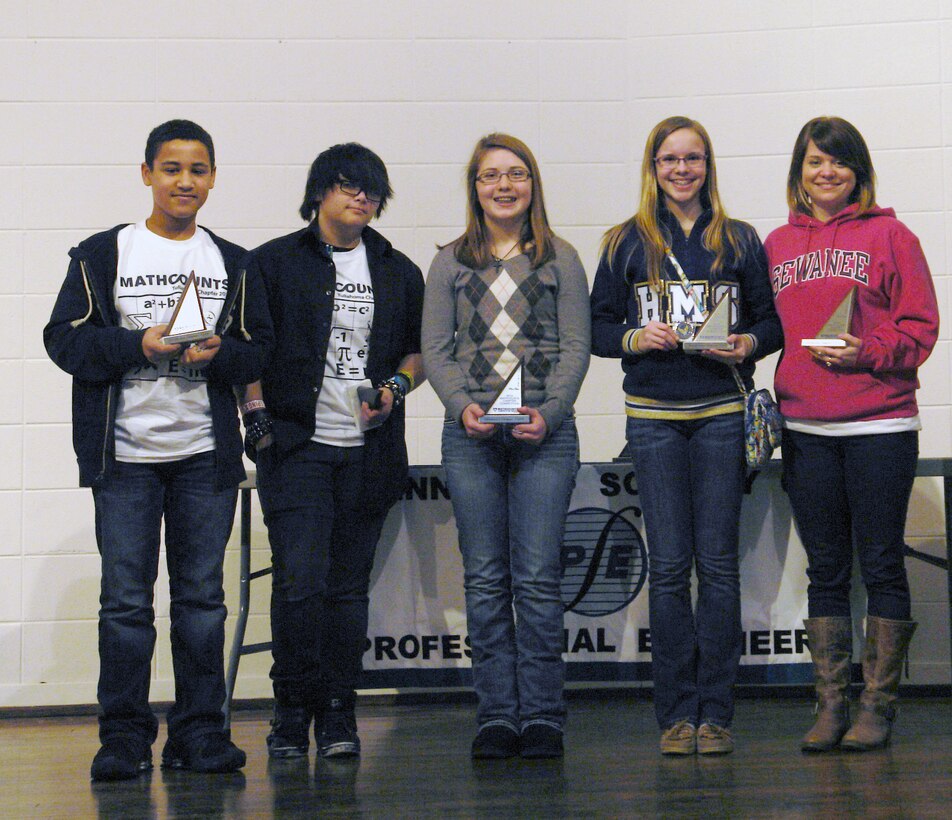 Bedford County, Harris Middle School team students (l-r) Brian Young, Maddy Lempin, Taylor Overcast and Meagan Barnett won third place at the Engineers Week MathCounts competition Feb. 15. Their coach is Chelsea Philpott (far right.) (Photo provided)