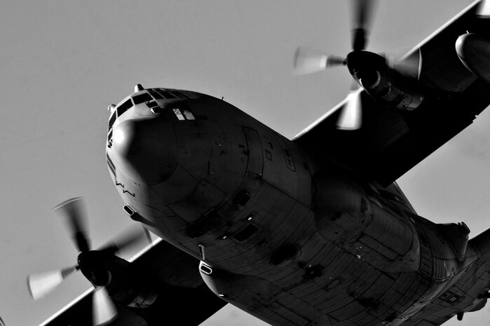 A U.S. Air Force C-130 Hercules from the Texas Air National Guard, departs Nellis Air Force Base, Nev., to take part in a Joint Forcible Entry exercise May 31, 2013, on the Nevada Test and Training Range north of Las Vegas. The U.S. Army 82nd Airborne Division's 3rd Brigade Combat Team, Fort Bragg, N.C., combined with U.S. Air Force Special Tactics Teams, contingency response groups and members of the 820th RED HORSE for the U.S. Air Force Weapons School biannual exercise. (U.S. Air Force photo/Senior Airman Daniel Hughes)