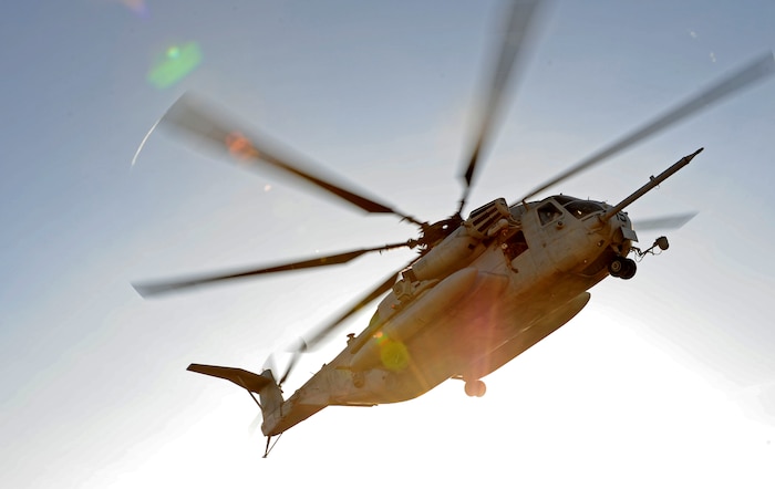 A CH-53E Super Stallion from the 464th Heavy Military Helicopter Squadron, comes in fast for a landing Nov. 27, 2012, in the Grand Bara Desert, Djibouti. The Super Stallion was picking up U.S Air Force pararescuemen with the 82nd Expeditionary Rescue Squadron and U.S. Army Sight Security Team members, 2nd 138th Higher Headquarters Battalion. (U.S. Air Force photo/Airman 1st Class Nicholas Byers)