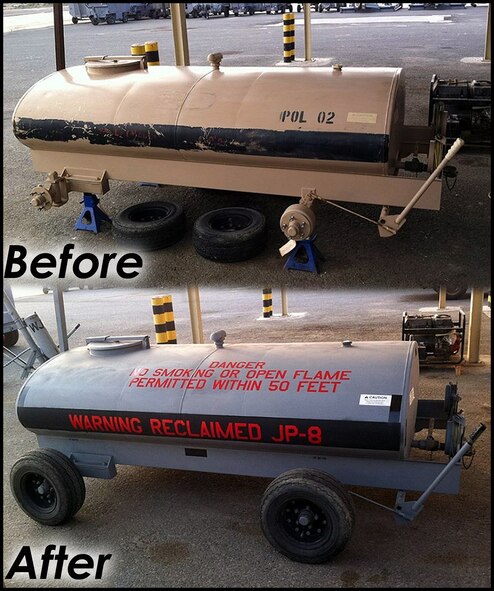 Staff Sgt. Andrew Snow 62nd Maintenance Squadron aerospace ground equipment technician assisted in refurbishing this fuel bowser while deployed with the 386th Expeditionary Maintenance Squadron at Ali Al Salem Air Base, Southwest Asia. Snow put in more than 16 hours of work to repair and paint the old fuel bowser that hadn’t received maintenance for more than eight years. (U.S. Air Force courtesy photo illustration)