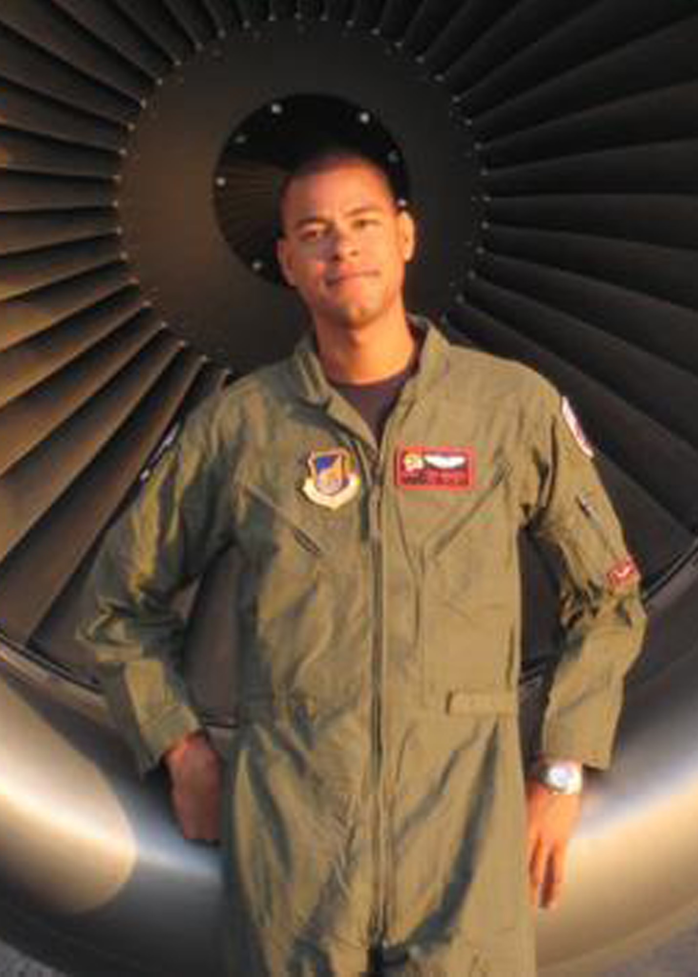 Tech. Sgt. Herman "Tre" Mackey III, 30, from Bakersfield, Calif., sits in front of a KC-135 engine. Mackey died May 3, 2013, when his aircraft crashed shortly after takeoff near Bishkek, Kyrgyzstan. (Courtesy photo)
