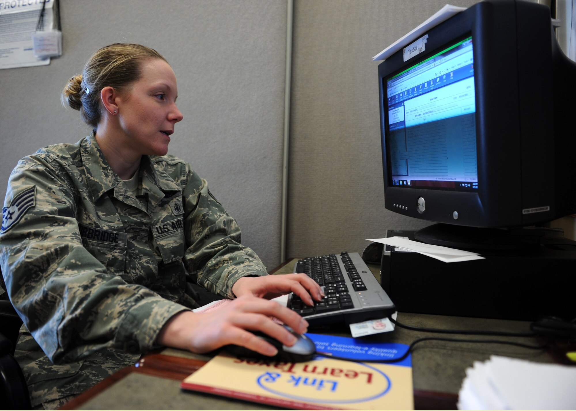 Staff Sgt. Kimberly Corbridge, 341st Missile Wing legal office paralegal, prepares to file an Airman’s taxes at the Malmstrom Air Force Base Tax Center on March 5. The tax center offers free tax returns to Airmen, their dependents and retirees by walk-in or scheduling an appointment by calling 731-2878. (U.S. Air Force photo/Senior Airman Katrina Heikkinen)