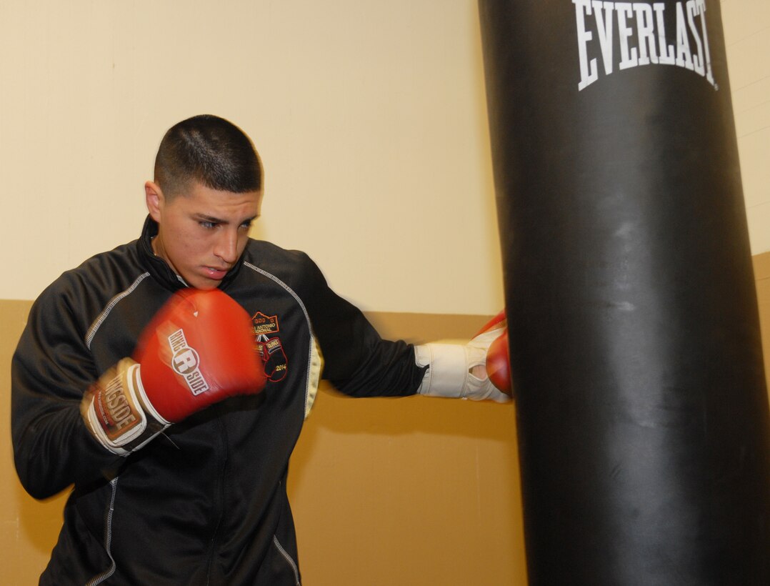 Airman Rubin Saenz III, 78th Force Support Squadron customer service technician, stands as one of the USAF’s top boxers. Saenz is back at Robins after competing in the San Antonio Golden Gloves Championship held last month. (U.S. Air Force photo by Misuzu Allen)