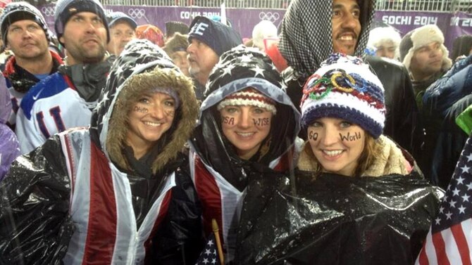 U.S. Air Force Capt. Christy Wise, left, Jessica Wise, middle, and Alexandra Wise, pose for a photo during the Olympics in Sochi, Russia, Feb. 18, 2014. The group improvised trash bags into ponchos to protect themselves from the rain while watching David Wise compete in Olympic freestyle halfpipe skiing. (Courtesy photo)
