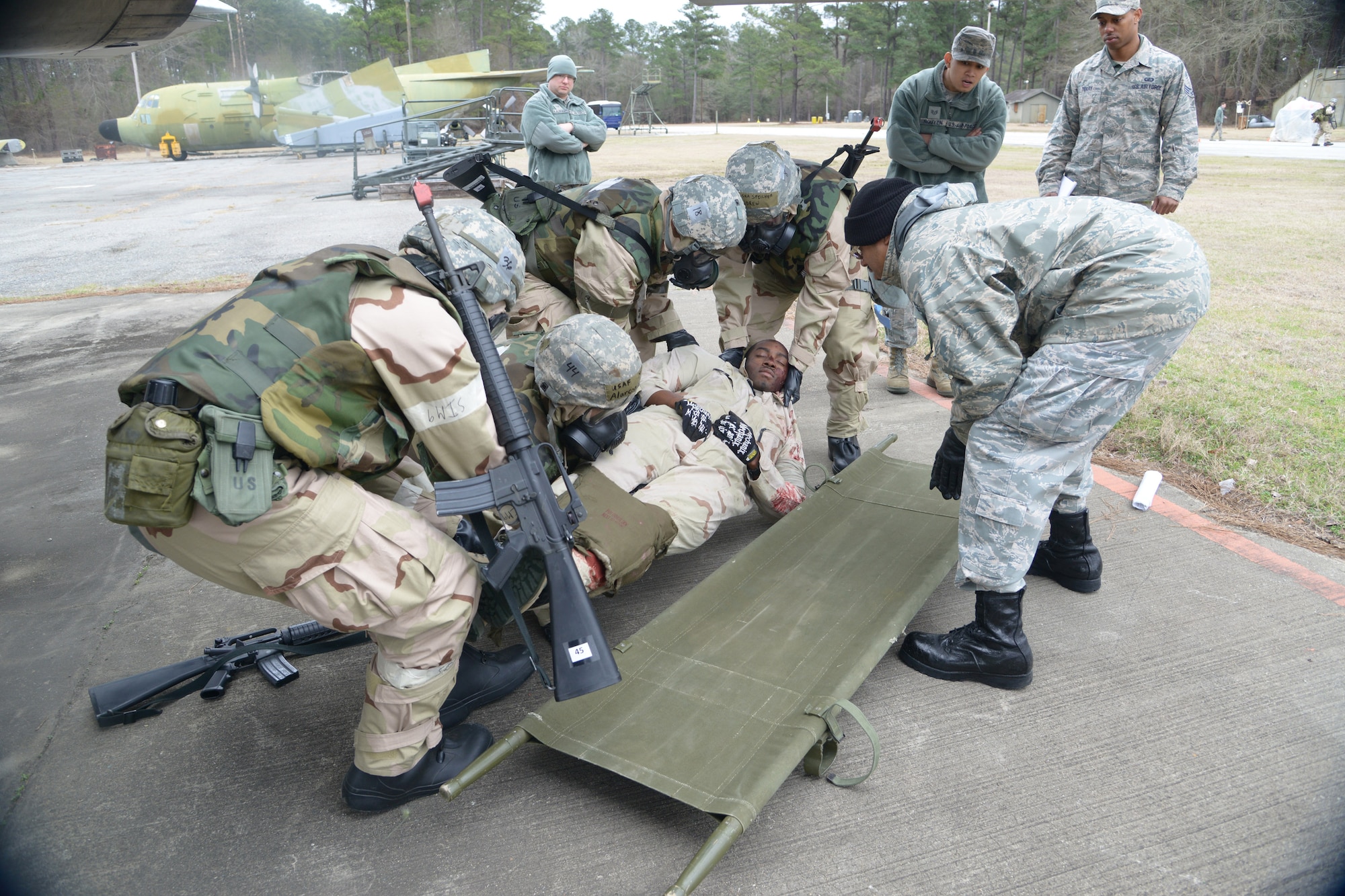 Team Robins members participate in an “Ability to Survive and Operate Challenge” at Warrior Air Base during the installation’s first emergency management and readiness exercise conducted under the new Air Force Inspection System. (U.S. Air Force photo by Ray Crayton)
