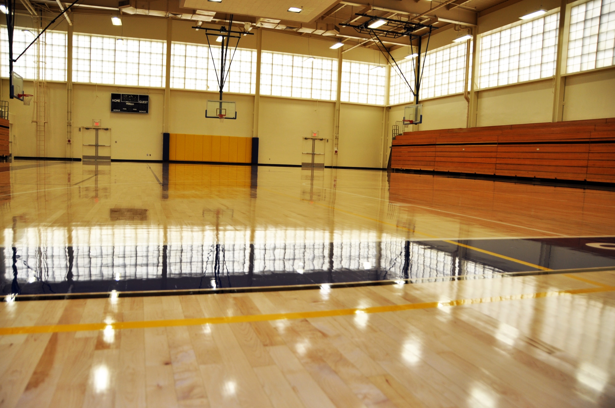 As part of a four-month renovation project at the Travis Fitness Center, the gym floors were stripped, refinished, repainted and buffed. (U,S. Air Force photo/Staff Sgt. Patrick Harrower)