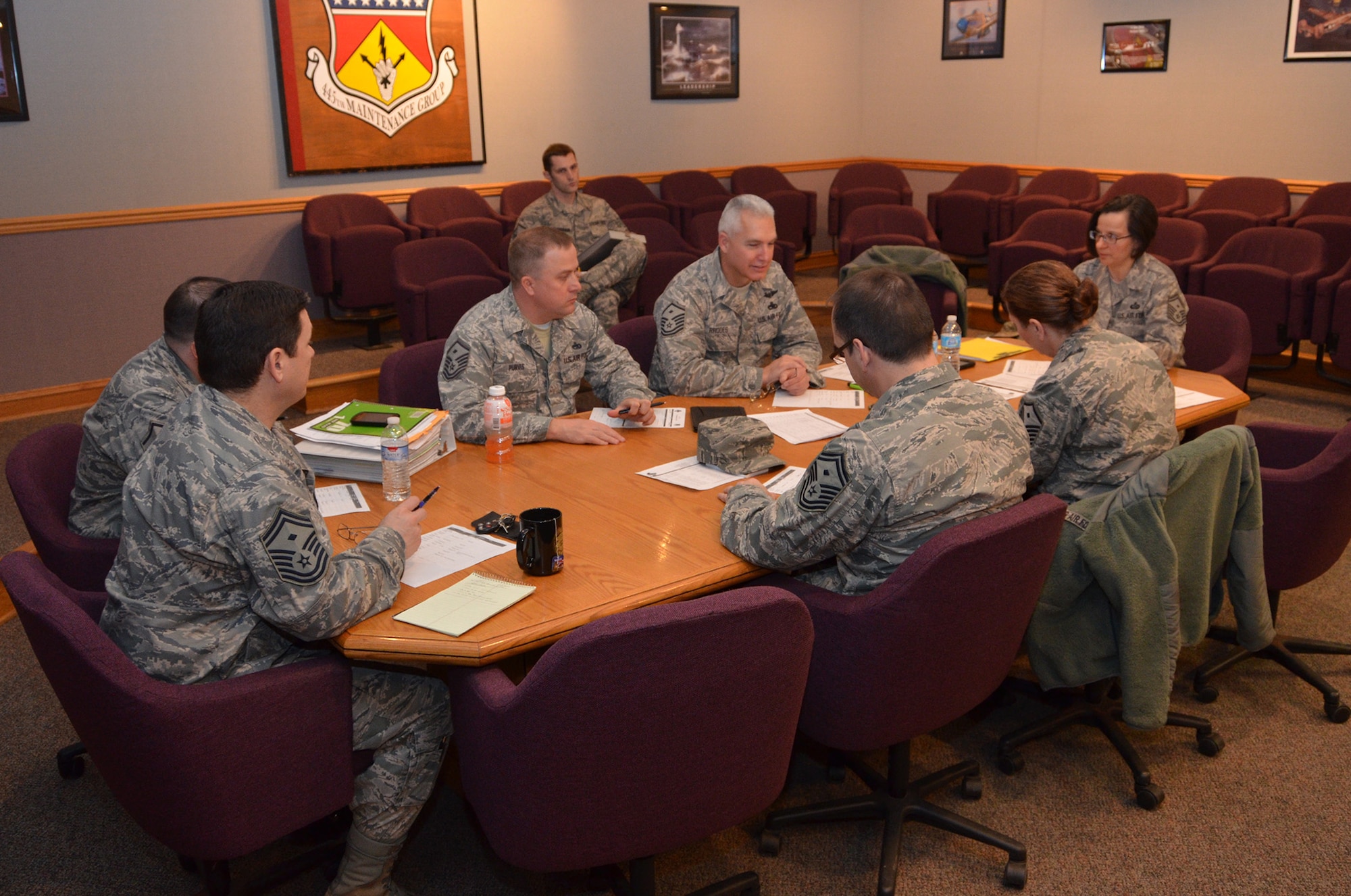 WRIGHT-PATTERSON AIR FORCE BASE, Ohio - The 445th First Sergeants Council discuss current personnel issues during the Feb. 8 unit training assembly. (U.S. Air Force photo/Senior Airman Matthew Cook)