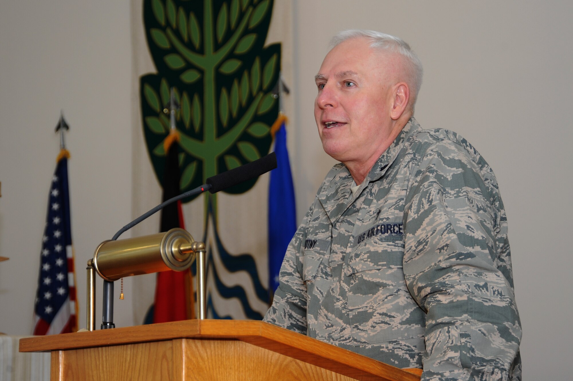U.S. Air Force Lt. Col. Richard Novotny, 52nd Fighter Wing Chaplain, speaks at the National Prayer Breakfast March 14, 2014, in the base chapel at Spangdahlem Air Base, Germany. The 52nd Fighter Wing Chaplain Corps sponsored the event, themed “Prayer for the Future.” (U.S. Air Force photo by Airman 1st Class Dylan Nuckolls/Released)