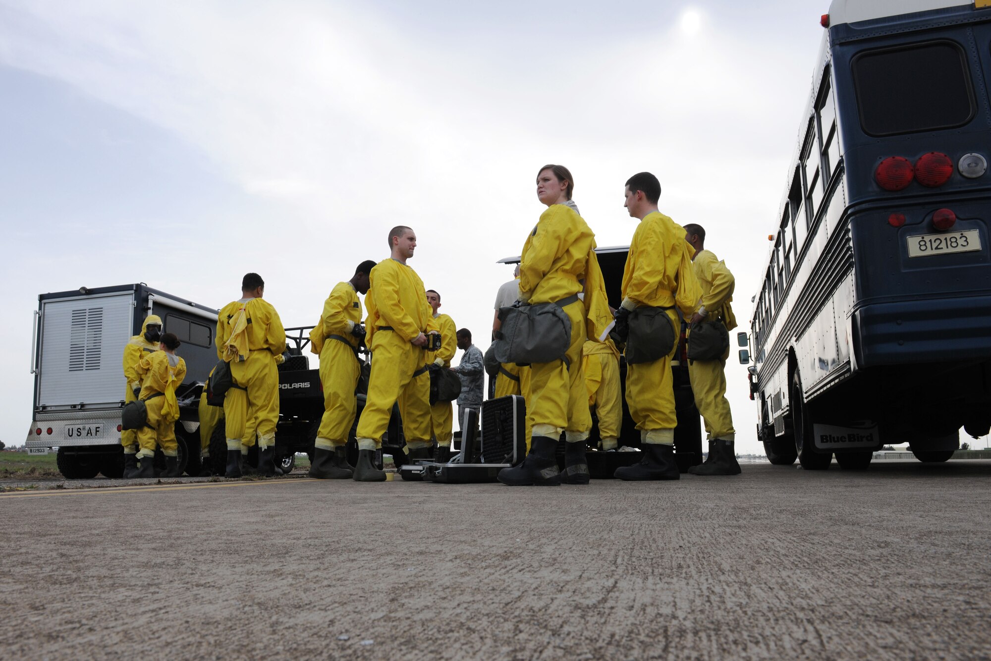 Airmen prepare their anti-contamination suits for a training exercise March 12, 2014, Incirlik Air Base, Turkey.  First responders from the 39th Air Base Wing frequently train to ensure mission readiness and keep skills sharp for real world situations. (U.S. Air Force photo by Senior Airman Nicole Sikorski/Released)