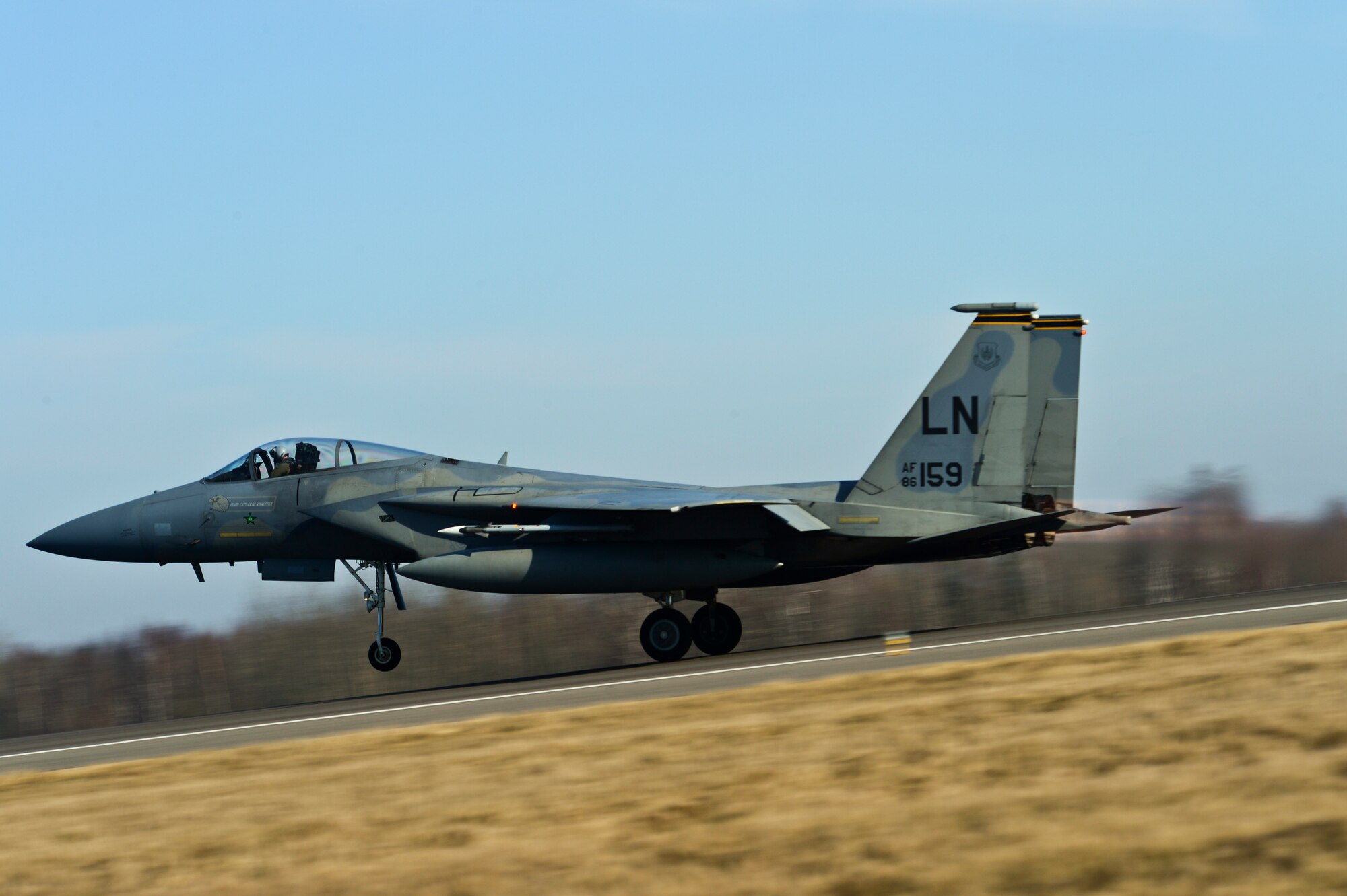 An F-15C Eagle takes off from Siauliai Air Base, Lithuania, during a training scramble mission Mar. 10, 2014. The 48th Fighter Wing at Royal Air Force Lakenheath, England, sent an additional six aircraft and more than 50 personnel, to augment the four aircraft and approximately 150 Airmen already supporting NATO's ongoing air policing mission, at the request of U.S. allies in the Baltics. (U.S. Air Force photo by Airman 1st Dana J. Butler)