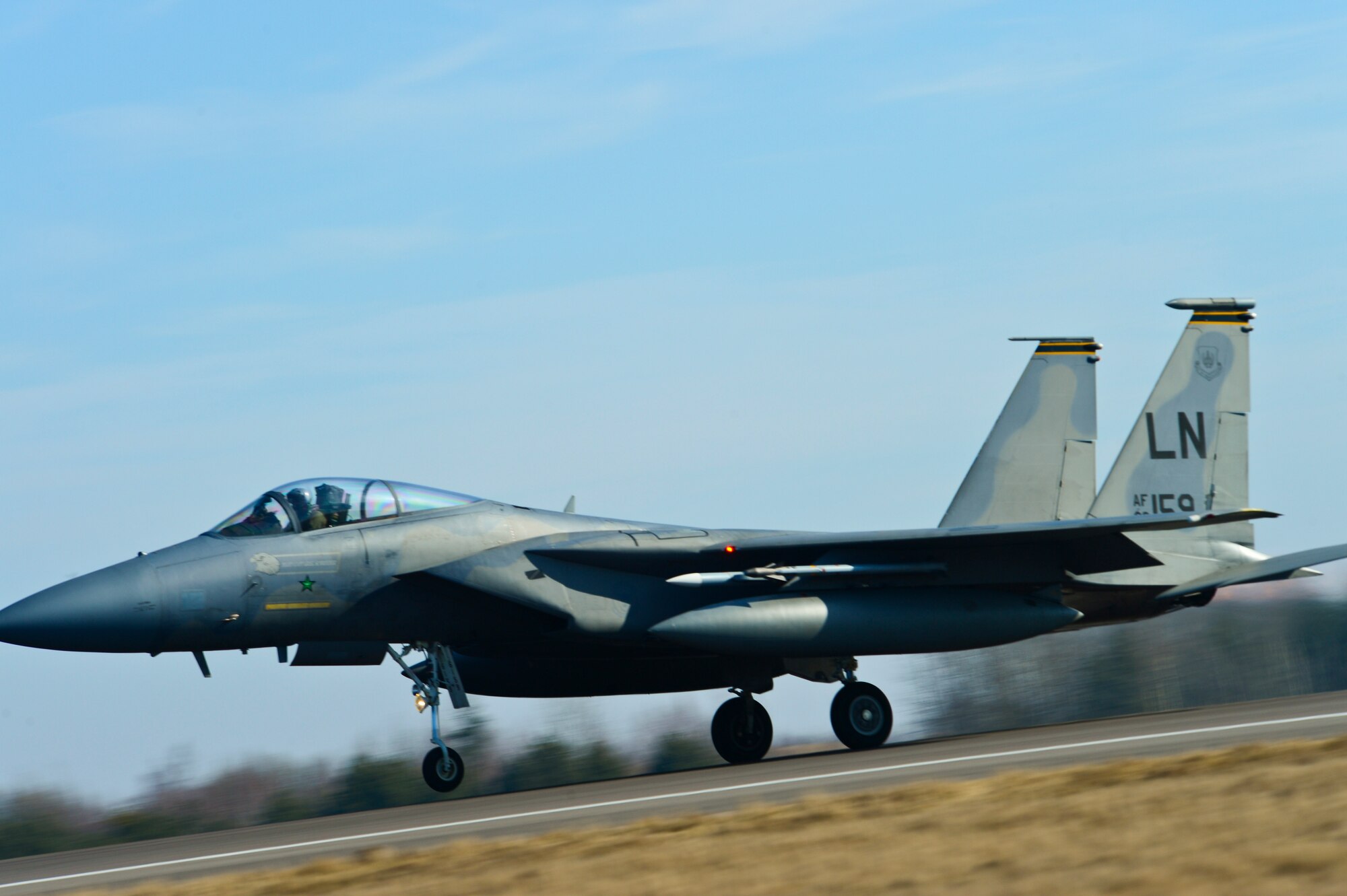 An F-15C Eagle takes off from Siauliai Air Base, Lithuania, during a training scramble mission Mar. 10, 2014. The 48th Fighter Wing at Royal Air Force Lakenheath, England, sent an additional six aircraft and more than 50 personnel, to augment the four aircraft and approximately 150 Airmen already supporting NATO's ongoing air policing mission, at the request of U.S. allies in the Baltics. (U.S. Air Force photo by Airman 1st Dana J. Butler)