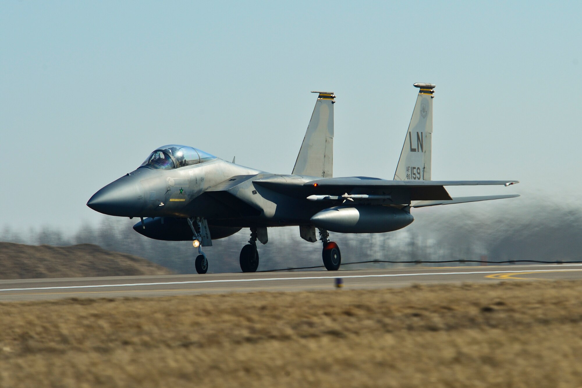 An F-15C Eagle takes off from Siauliai Air Base, Lithuania, during a training scramble mission Mar. 10, 2014. The 48th Fighter Wing at Royal Air Force Lakenheath, England, sent an additional six aircraft and more than 50 personnel, to augment the four aircraft and approximately 150 Airmen already supporting NATO's ongoing air policing mission, at the request of U.S. allies in the Baltics. (U.S. Air Force photo by Airman 1st Dana J. Butler)
